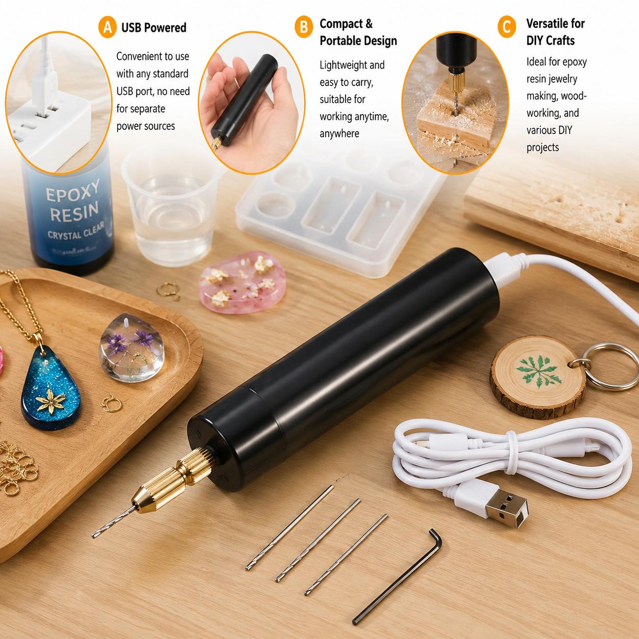 Woodworking Epoxy - Mini Furadeira Elétrica Portátil USB, Ferramenta